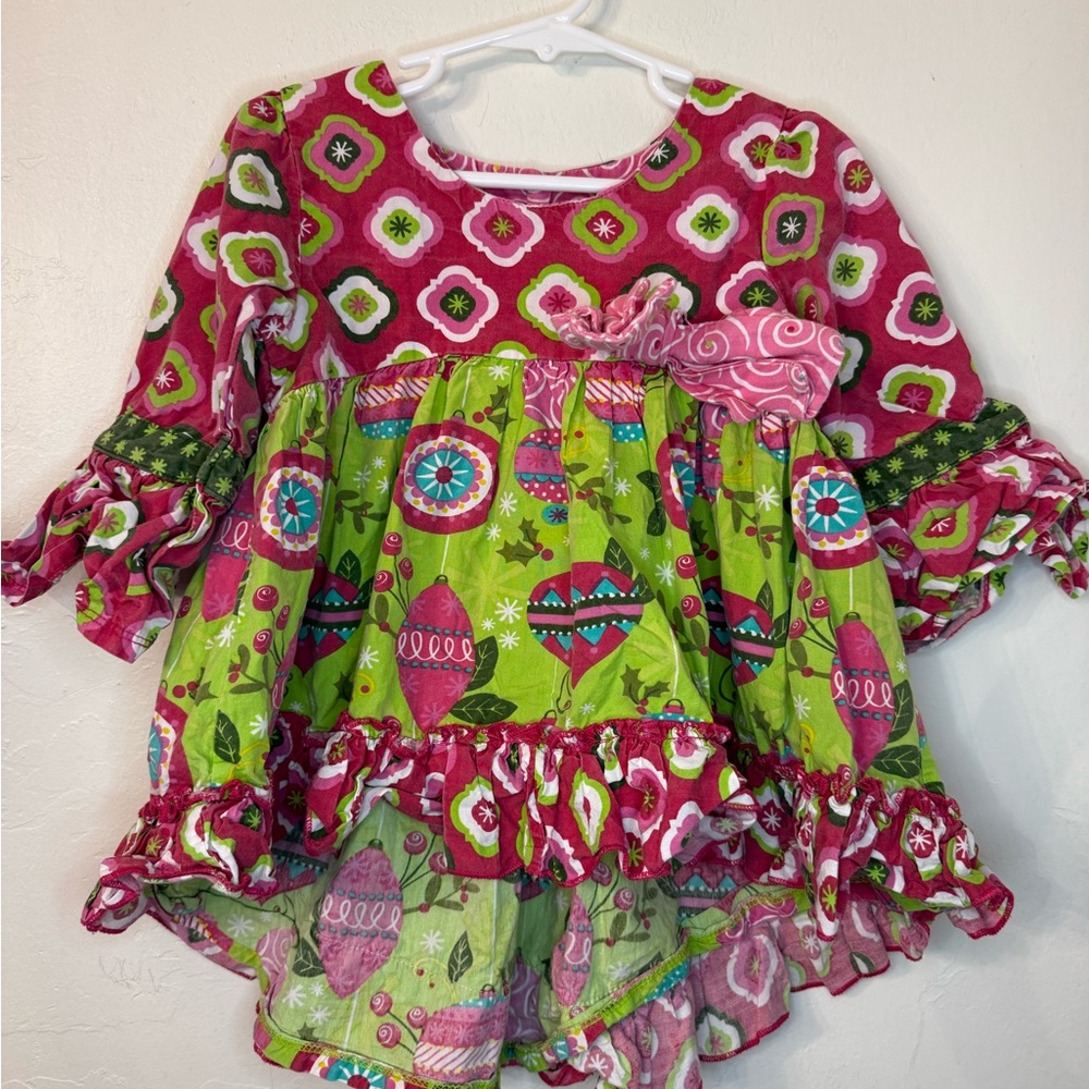 Jelly The Pug Festive ornament Pink and Green Kids tunic top Christmas holiday